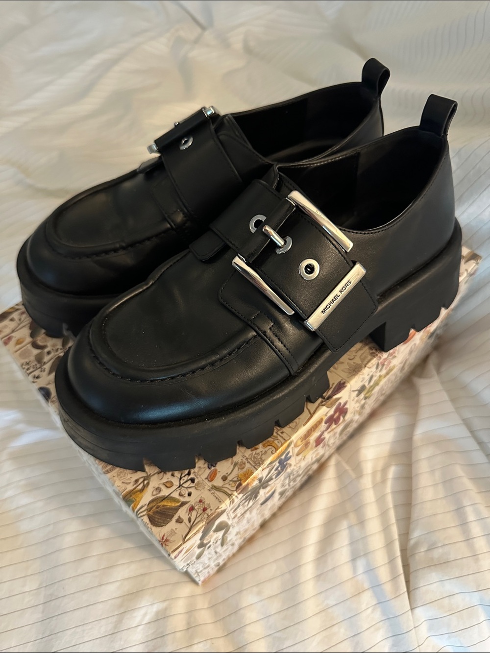 Michael Kors Black Colby Leather Lug Sole Buckle Loafers - 6